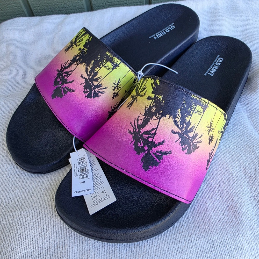 Old Navy Slide Sandal Mens 10-11 Pink Yellow Palm Tree Tropical